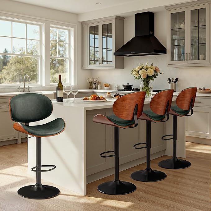 Bar Stools Set of 2 Adjustable Swivel Bentwood Barstools PU Leather Modern Bar Chairs with Back & Footrest for Bar, Kitchen Island, Dining Room (Grenn, Set of 2)