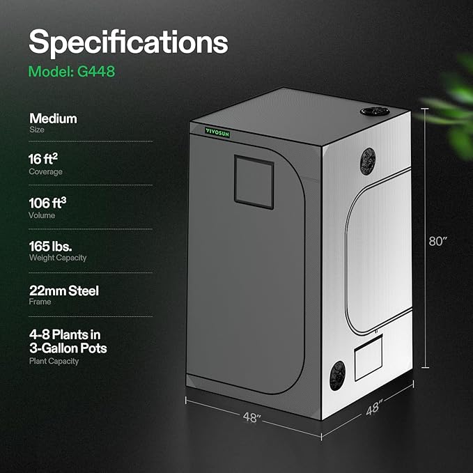 VIVOSUN G448 48"x48"x80" Grow Tent, 4x4 FT Advanced Gray Grow Tent with 22mm Thickened Poles, Observation Window and Floor Tray for Hydroponic Plants for VS4000/VSF4300