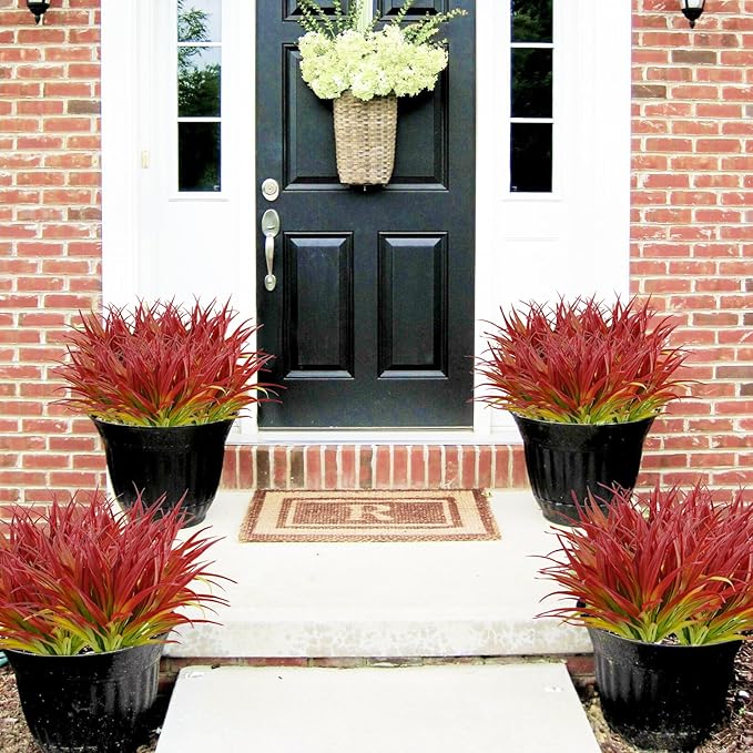 24Pcs Artificial Grass Plant Fake Outdoor Plastic Plants UV Resistant Faux Grasses Greenery Shrubs for Window Box Garden Patio Porch Home Decor Rose Red