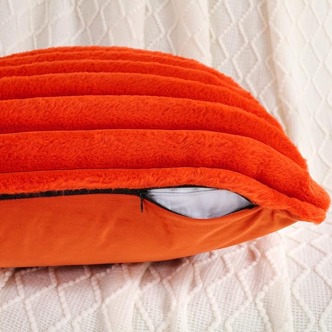 FUTEI Burnt Orange Striped Decorative Throw Pillow Covers 26x26 Inch Set of 2,Square Fall Decorations Couch Euro Pillow Shams,Soft Cozy Faux Rabbit Fur & Velvet Back,Modern Home Decor for Bed