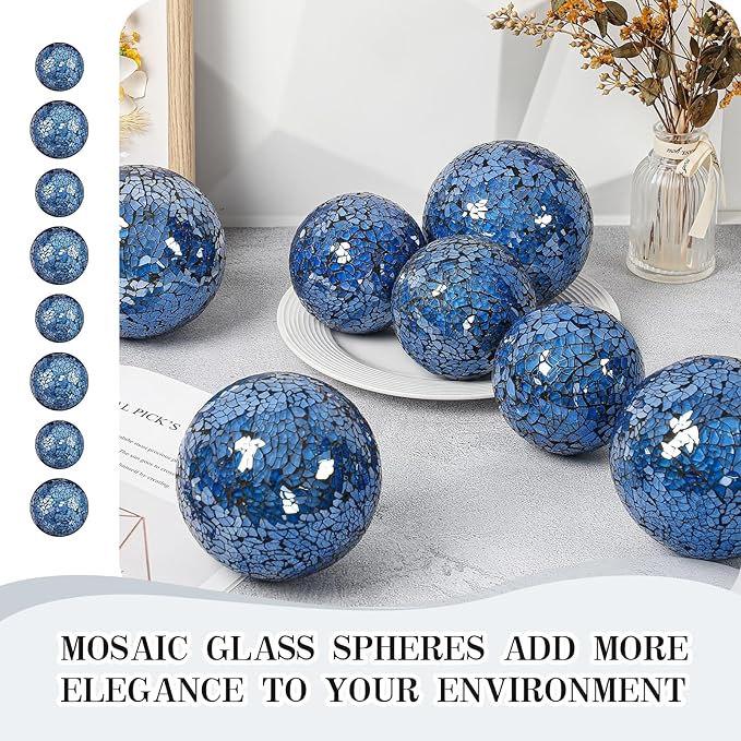 8 Pcs 3'' 4'' Decorative Ball for Centerpiece Bowls Glass Mosaic Sphere Decorative Orbs for Bowl Vase Fillers Christmas Wedding Party Dining Room Table Decor(Blue)