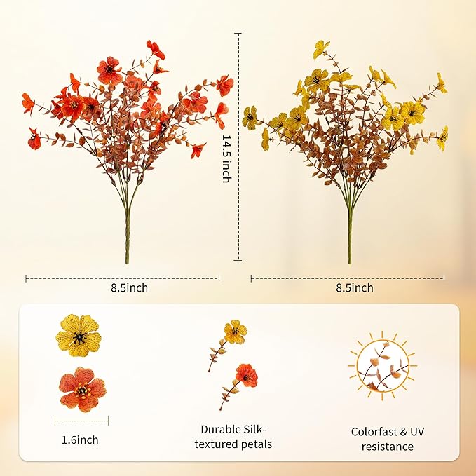 Artificial Mums Fall Fake Flowers for Outdoors, 12 Bundles Faux Mums for Outdoor Planters Decorations,UV Resistant Silk Flowers Plastic Plants for Front Porch Garden Patio Home Decor (B-Orange Yellow)