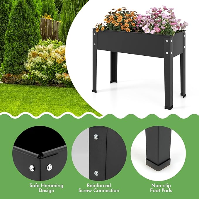 HAPPYGRILL Raised Garden Bed, 18” Elevated Planter Box w/Legs, Drainage Hole, Hemming Design, Metal Garden Box for Vegetable Herb, Outdoor Raised Beds for Gardening, Backyard Porch Balcony, Black