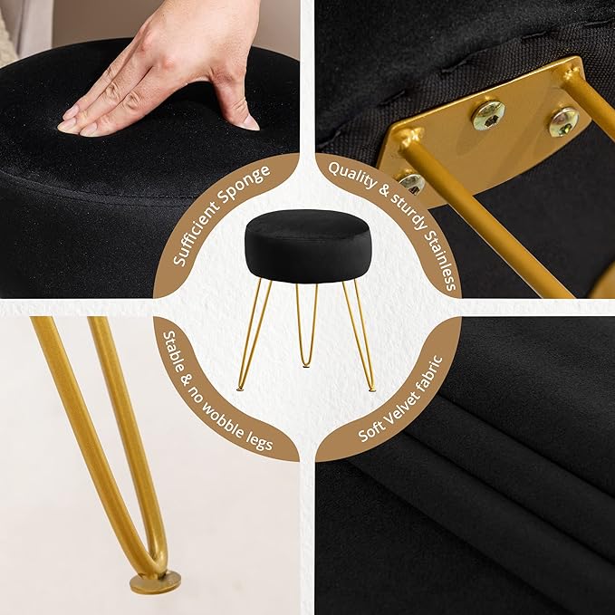 LUE BONA Vanity Stool, Black Vanity Stools for Makeup Room, Round Ottoman Foot Stool, Velvet Footrest Vanity Chair for Bathroom Vanity, Bedroom, Living Room, Entryway, Offices