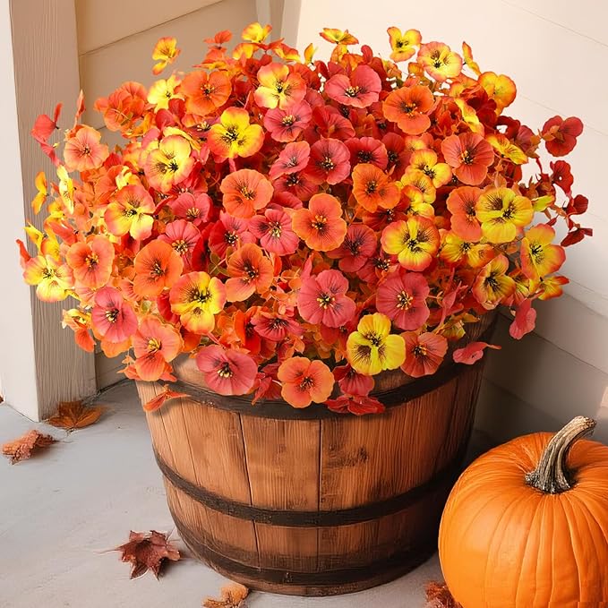 Artificial Fall Flowers for Outdoor, 12 Bundles Faux Pansy Fake Mums Flowers Plants Outdoor Fall Decor, UV Resistant No Fade Silk Flower for Porch Planter Patio Yard Garden(Orange Autumn Sunset Red)