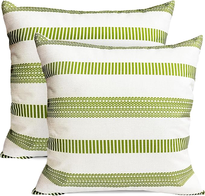 Decorative Throw Pillow Covers Set of 2 Grass Green Boho Striped Pillow Covers 16x16 Inch Throw Pillow Cover Linen Pillowcase Farmhouse Outdoor Pillow Covers for Couch Sofa Living Room