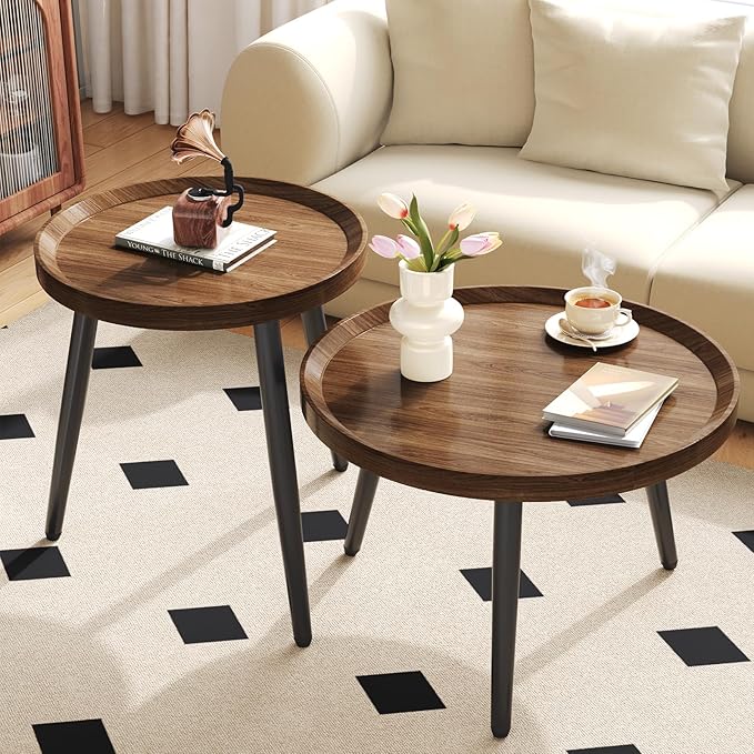 2 PCS Small Round Coffee Table Set, Mid Century Modern Coffee Tables for Living Room, Walnut Nesting Tables for Small Spaces, Easy Assembly Circle Wood Center Table,Black Nesting Coffee Table Set of 2