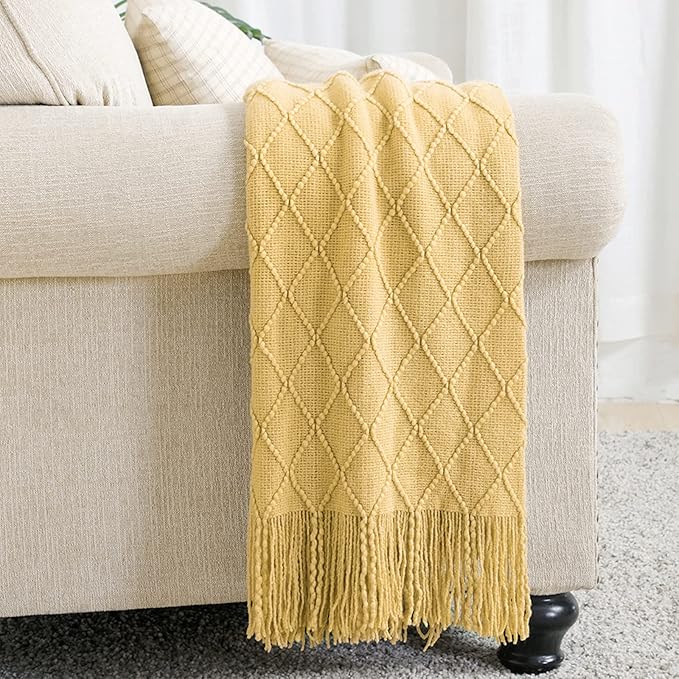 BOURINA Mustard Throw Blanket 50x60 Inches Throw Textured Solid Soft Sofa Couch Decorative Knit Blanket