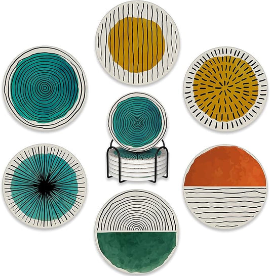 6 Pcs Coasters for Drinks with Holder,Abstract Art Minimalist Absorbent Coaster with Cork Backing,Great Gift for Housewarming,Room Decor,Bar,Holiday Party