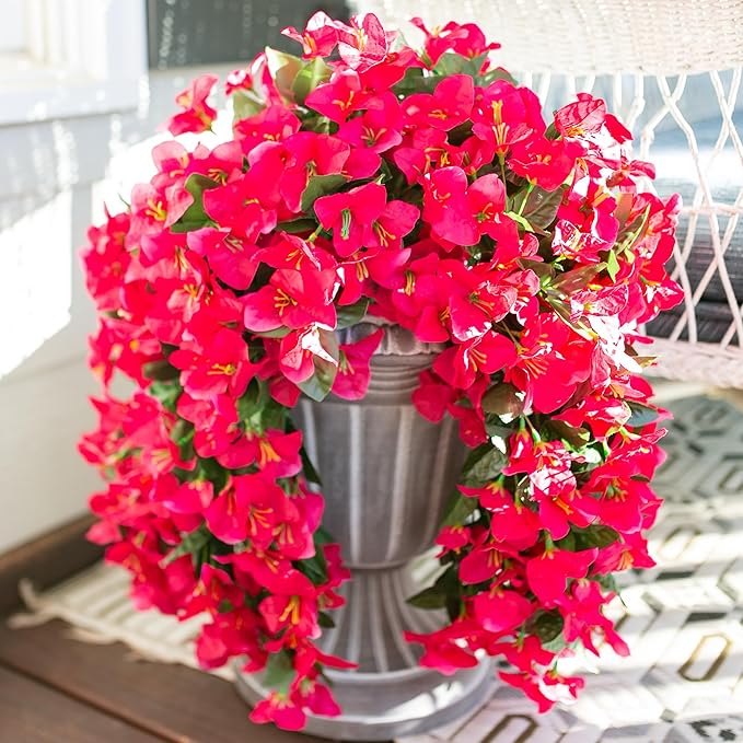 Bougainvillea Artificial Hanging Flowers Plants for Outdoors Decoration, 2pcs Fake Flowers Silk Bougainvillea Vines Realistic UV Resistant Faux Flowers for Planters Porch Patio Urn, Hot Pink