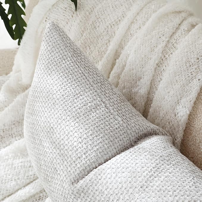 Stellhome Pack of 2 Woven Textured Decorative Throw Pillow Covers Soft Chenille Accent Luxury Cushion Cases for Living Room Couch Bed Sofa Farmhouse Boho Home, 12x20 inch, Light Grey