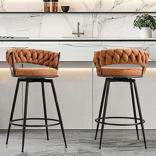 Swivel Bar Stools Set of 2, 28 Inches Modern Counter Height Bar Stools with Woven Back, Upholstered Suede Tall Barstools for Kitchen Island, Cafe, Light Brown
