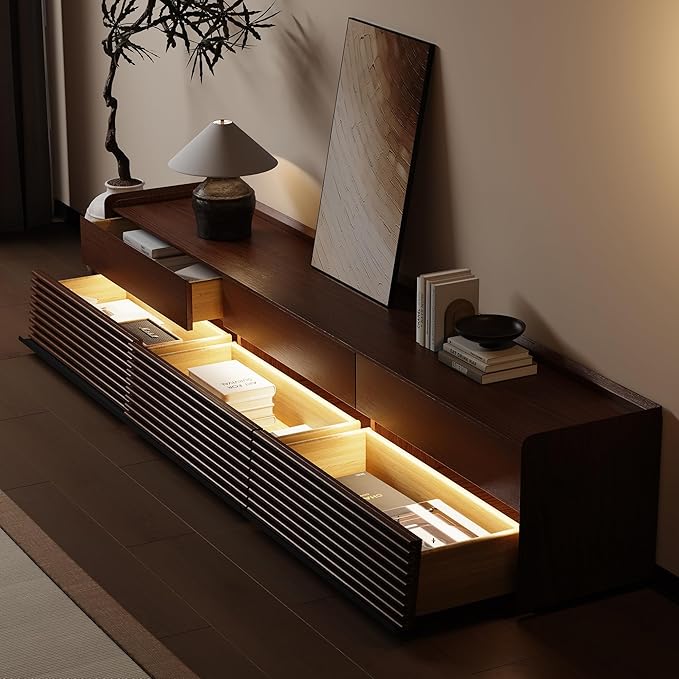 POVISON Fully-Assembled Mid Century Modern TV Stand, 94.49" Wood Media Console with Adjustable LED Light, Entertainment Center with Storage for Living Room