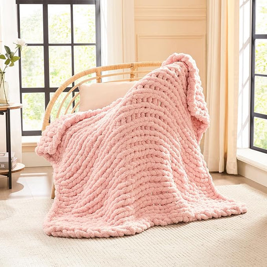 L'AGRATY Chunky Knit Blanket Throw - Soft Chenille Yarn Throw Blanket 40x50： Handmade Thick Cable Knit Crochet Blanke - Large Knit Blanket Chunky Rope Knot Throw Blanket for Couch Sofa Bed Home Decor