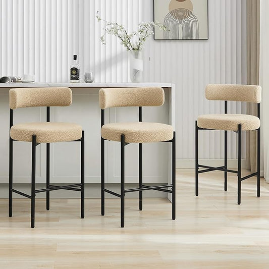 28'' Boucle Bar Stools Set of 3, Beige Bar Stools with Backs, Counter Height Bar Height Stools for Kitchen Island, Upholstered Bar Chairs