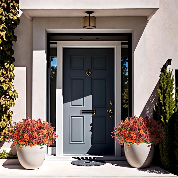 Fall Mums Artificial Flowers for Outdoors Potted, 12 Bundles Fake Fall Daisy Flower with Realistic Eucalyptus Leaves, Fake Plants for Greenery Boxwood Porch Patio Garden Pot Courtyard(Orange Brown)