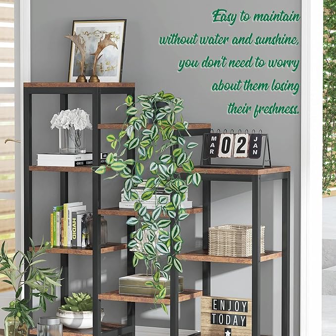 LOYWREE 3 Pack Fake Hanging Plants - Small Potted Plants with Green Eyebrow-Leaf Trailing Vines, Indoor Outdoor Aesthetic Decor for Office, Living Room Shelf & Home Accent (Black Pot)