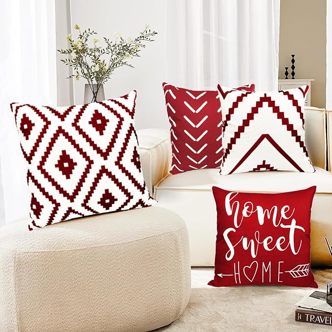 Decorative Throw Pillow Covers Set of 4 Wine Red Pillow Covers 22x22 inch Throw Pillows Linen Square Pillow Case,Farmhouse Outdoor Modern Geometric Pillow Covers for Couch Sofa Living Room