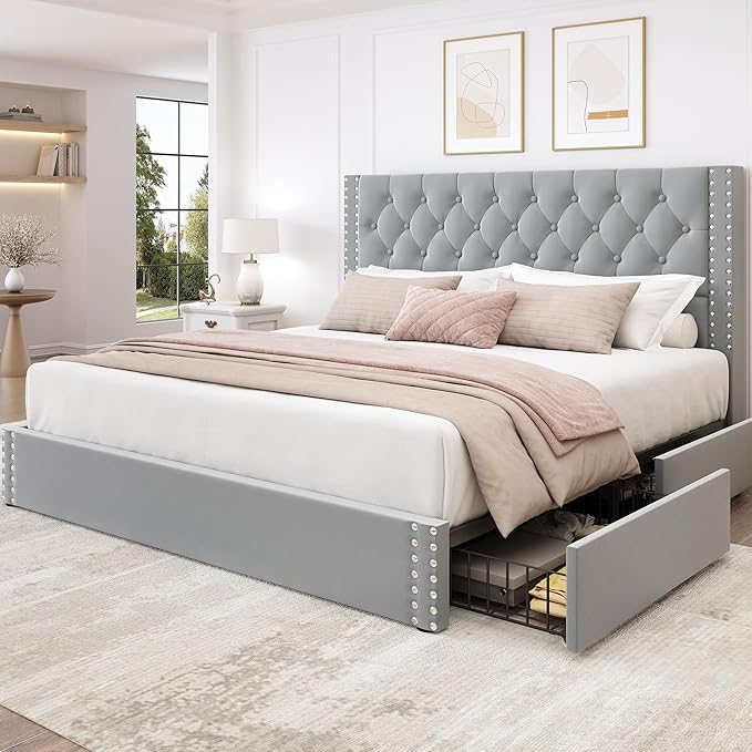 LARMACE King Size Bed Frame with 4 Storage Drawers and Tufted Headboard Velvet Upholstered Platform Bed Frame with Heavy Duty Wood Slats, No Box Spring Needed, Easy Assembly, Bluish Grey