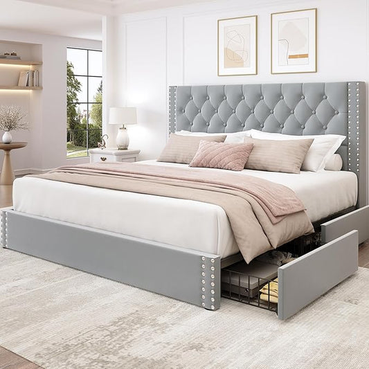 LARMACE King Size Bed Frame with 4 Storage Drawers and Tufted Headboard Velvet Upholstered Platform Bed Frame with Heavy Duty Wood Slats, No Box Spring Needed, Easy Assembly, Bluish Grey