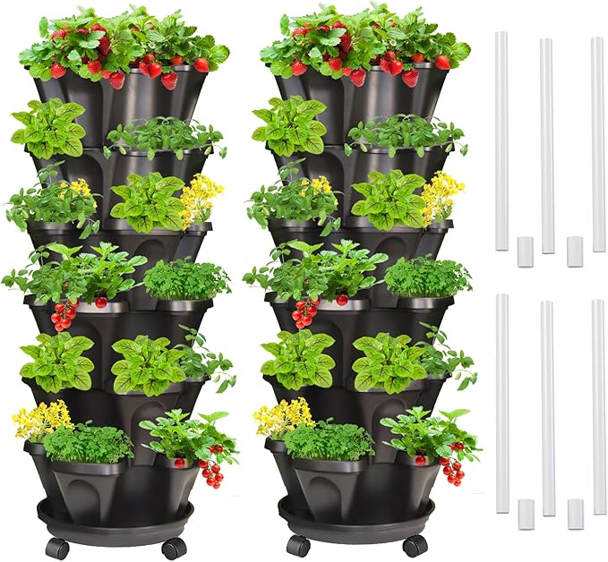 Strawberry Vertical Planter 2 Pack, 6 Tiered Stacking Garden Tower, Stackable Herb Vegetable Planters with Support Pole Indoor Outdoor Black