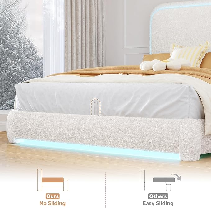 Torana King Marshmallow Bed Frame with Headboard and Footboard, Curved Shaped Cloud Upholstered Beds with LED Lights, Teddy Fleece Bedframe with Soft Rounded Corners and Strong Slats Support, Cream