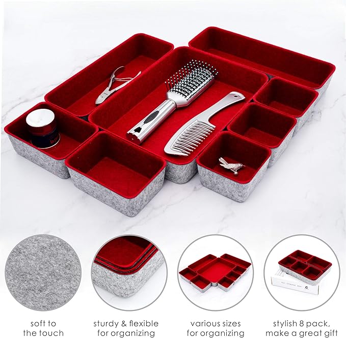 Welaxy Desk Drawer organizers tray Felt storage bins office Sleek Minimalist Lifestyle chic aesthetics room décor for dorm closet decluttering 8-piece (Burgundy)