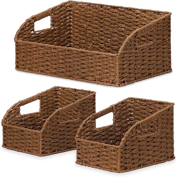Pantry Organizers, Wicker Storage Baskets for Fruit, Bread, Vegetable, Boho Decorative Basket, Shelf Baskets for Kitchen Counter with Handles, Paper Storage Bins for Shelves, 3 Pack, Brown