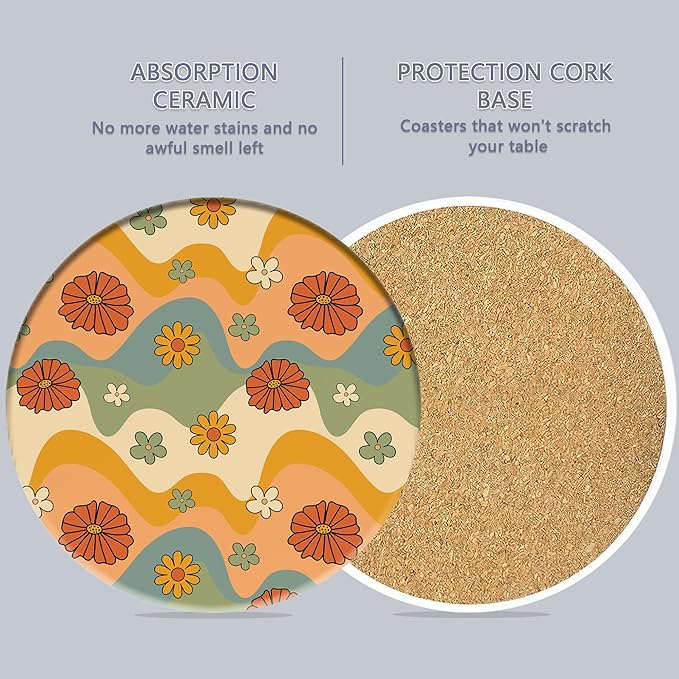 Table Coaster for Drinks Set of 6, Retro 70s Colorful Groovy Round Ceramic Coasters,with Cork Base and Metal Holder,Great Housewarming Birthday Gifts,Home Decor