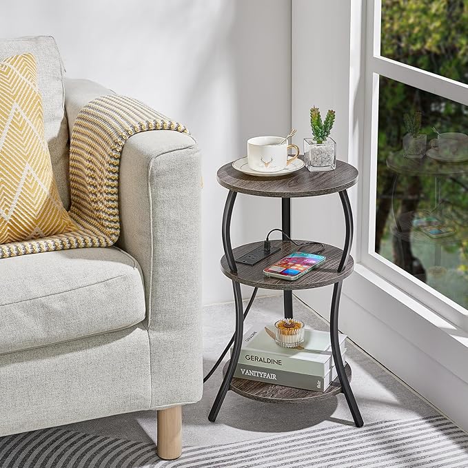 Small Round Side Table with Charging Station, 3-Tier Waist Circular End Table with Storage Shelf, Compact Tea Sofa Side Table Small Spaces, Round Corner Coffee Table for Living Room Bedroon,Grey