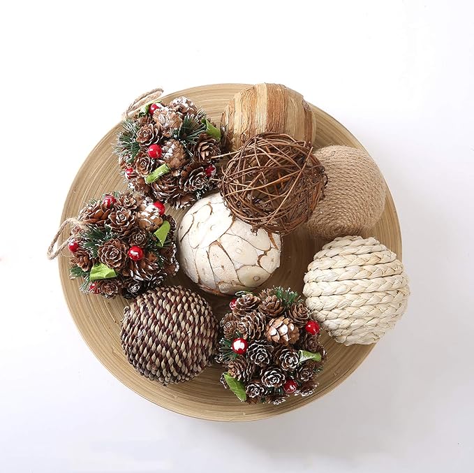 9pcs 3.5Inch Christmas Decorative Ball Orb Rattan Ball Rattan Woven Orbs Spherical Bowl and Vase Filler for Home Party Wedding Display Decor Props