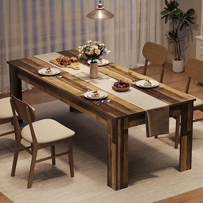 CABIHOME 71" Long Dining Table for 6-8, Large Farmhouse Rectangular Kitchen Dining Room Table, Wooden, Thick Frame & Sturdy Triangular Legs, Wood Strip Base for Dinner, Kitchen, Office, Rustic Brown