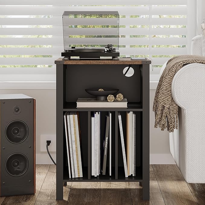 ChooChoo Record Player Stand with Vinyl Storage, Turntable Stand with Charging Station, Record Storage Cabinet, End Side Table for Living Room, Bedroom, Black