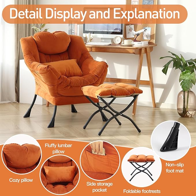 Lazy Chair with Ottoman, Modern Accent Chair with Lumbar Pillow, Comfy Chairs with Folding Footrest for Bedroom, Reading, Oversized Supportive Lounge Chairs(Velvet Orange)