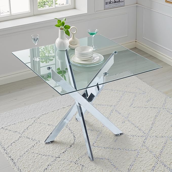 Dining Table for 4 Modern 35.43" Rectangular Glass Dining Table Kitchen & Dining Room Tables with Metal Base for Dining Room and Apartment, Chrome