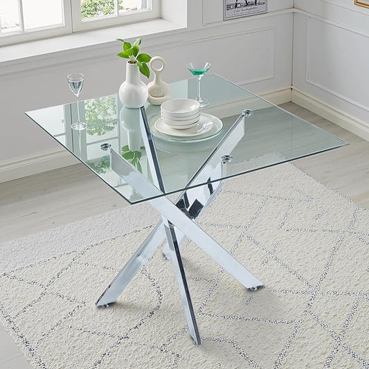 Dining Table for 4 Modern 35.43" Rectangular Glass Dining Table Kitchen & Dining Room Tables with Metal Base for Dining Room and Apartment, Chrome