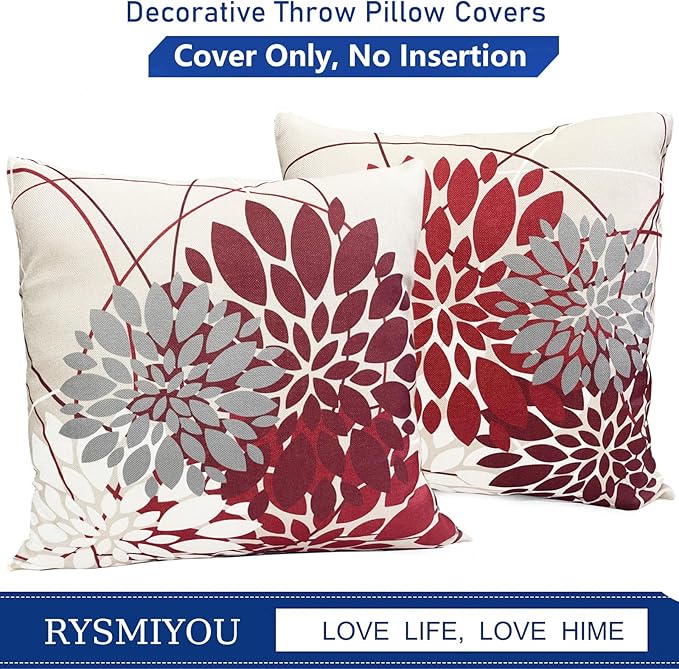 Wine Red Decorative Throw Pillow Covers 20x20 Inch Pillow Covers for Couch Living Room Bedroom Outdoor.Modern Sofa Throw Pillow Cover.Farmhouse Geometric Floral Linen Square Pillow Case.Set of 2