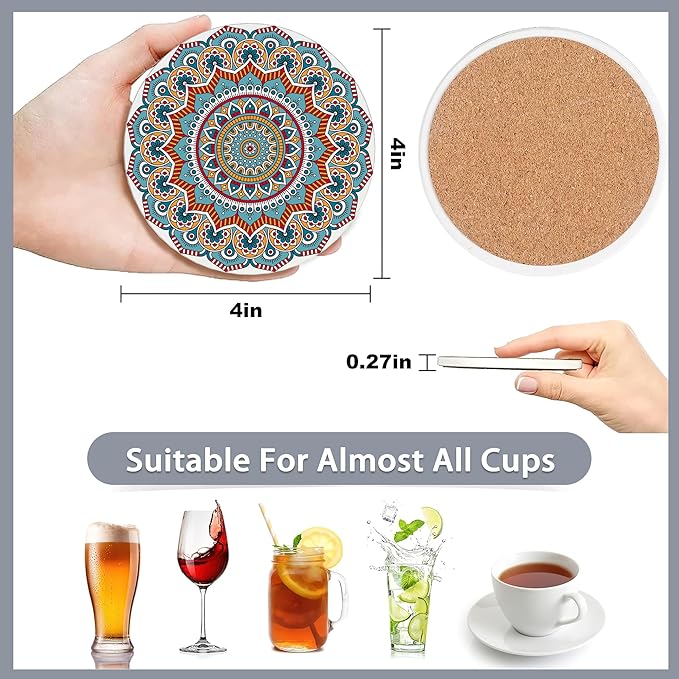 Drink Coasters Set of 6 with Holder,Mandala Boho Flower Absorbent Ceramic Coasters with Cork Base,Fit All Cups,Tabletop Protection Mat for Mugs and Cups,Office,Kitchen