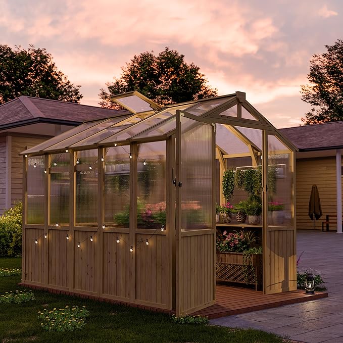 Restland 6x8 FT Wood Greenhouse for Outdoors Reinforced Frame Walk-in Greenhouses with Adjustable Roof Vents & Lockable Door Polycarbonate Green House for Outside