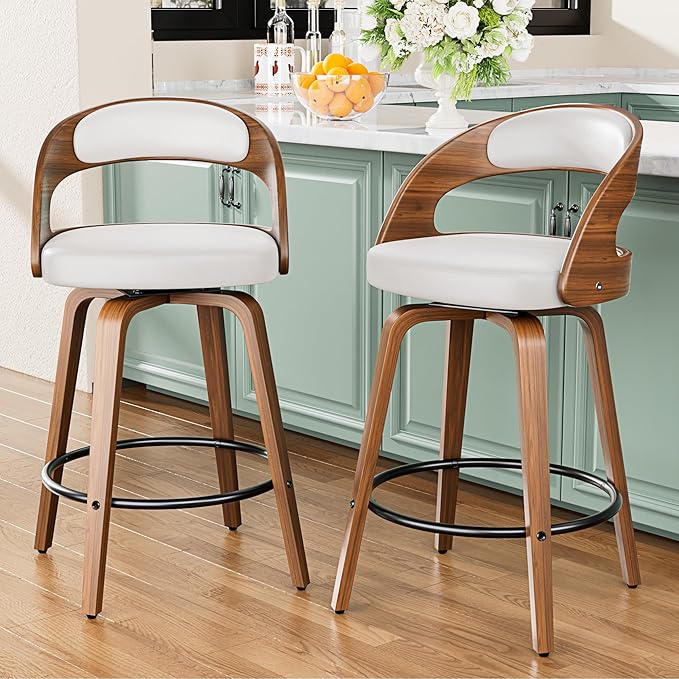 Bar Stools Set of 4, 26" Counter Height Barstools with Bentwood Legs, Swivel Counter Stools with Back, Mid Century Modern Faux Leather Upholstered Bar Chairs for Kitchen Island, White