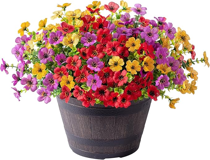 Fall Mums Artificial Flowers for Outdoors Potted, 12 Bundles Fake Fall Daisy Flower with Realistic Eucalyptus Leaves, Fake Plants for Greenery Boxwood Porch Patio Garden Pot Lawn(Red Purple Yellow)