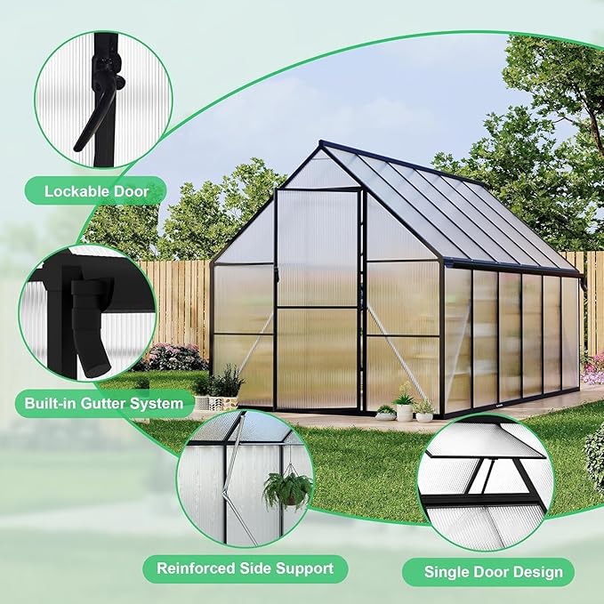 8x14 FT Outdoor Walk in Greenhouse,Polycarbonate Green House Vented Roof Window,Heavy Duty Greenhouse with Aluminum Frame for Backyard Patio Gardening