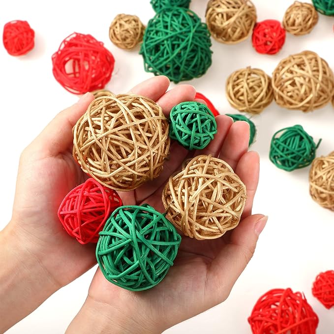 Patelai 36 Pcs Wicker Rattan Balls Decorative Balls for Vase Centerpiece Bowls Orbs Filler for Home Decor,4 Sizes(Red, Green, Gold)
