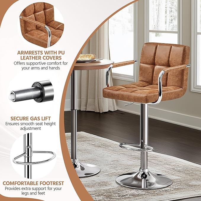Yaheetech Bar Stools Set of 2, PU Leather Adjustable Swivel Barstools, Hydraulic Kitchen Counter Height Bar Chairs with Armrest and Back for Kitchen, Dining Room, Retro Brown