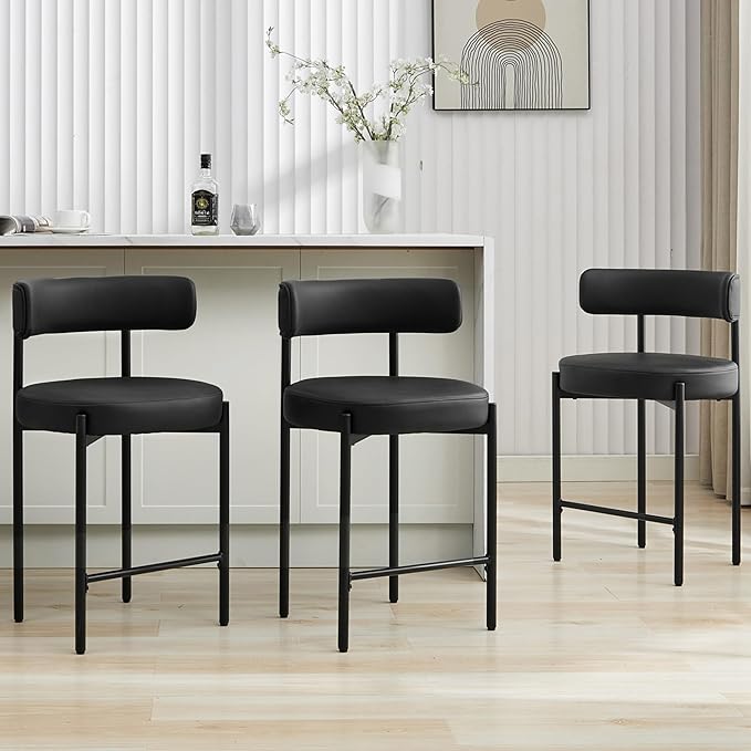 24'' Faux Leather Bar Stools Set of 3, Counter Height Bar Stools with Backs, Upholstered Counter Chairs for Kitchen Island (Vegan Leather,Black)