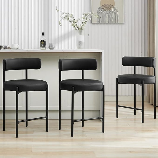 24'' Faux Leather Bar Stools Set of 3, Counter Height Bar Stools with Backs, Upholstered Counter Chairs for Kitchen Island (Vegan Leather,Black)