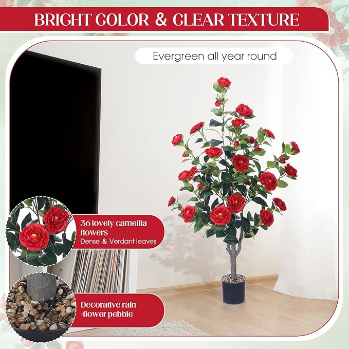Jexine 2 Pack 40" Artificial Tree with Camellia, Fake Tree with 36 Blooming Flowers, Flower Plants Tree Faux Floral Plant Tree in Cement Pot for Indoor Outdoor Office Home Porch Decor (Red, 40")
