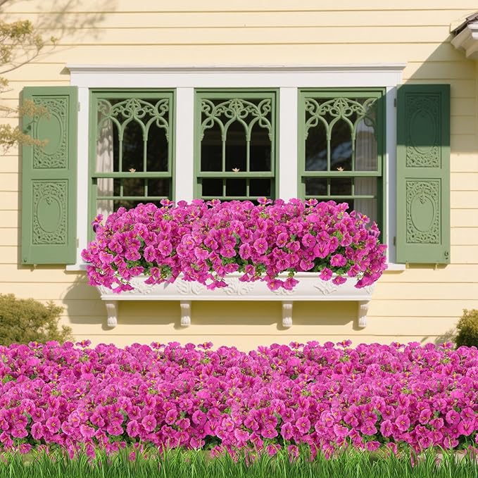 12 Bundles Artificial Flowers for Outdoors Decorations, Fake Flowers Artificial Plants Outdoor, Colorful Faux Morning Glory Realistic UV Resistant for Garden Patio Porch Home Decor (Rosered)