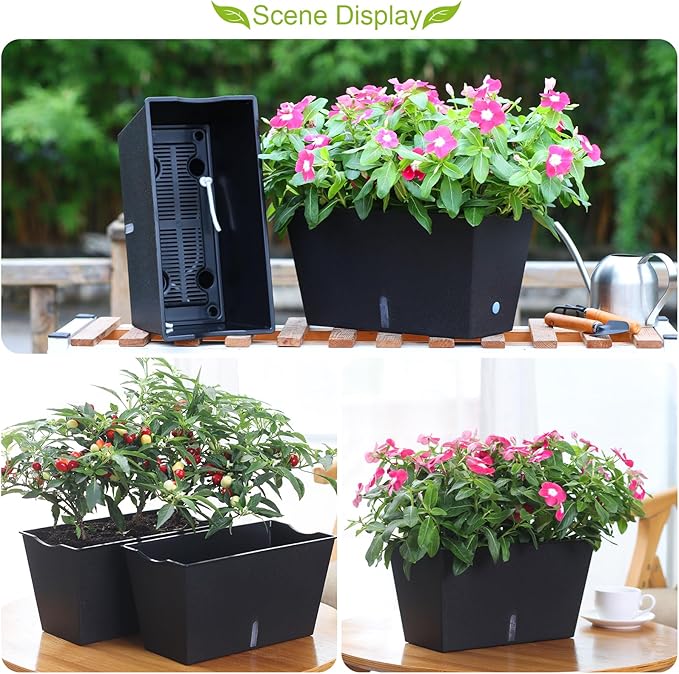 Window Box Planter 6 Pcs, 12.1 Inches Self Watering Plant Pots Rectangle Flower Pots with Drainage Holes and Breathable Trays, Vegetable Planters for Windowsill Patio Garden Balcony Porch Yard (Black)