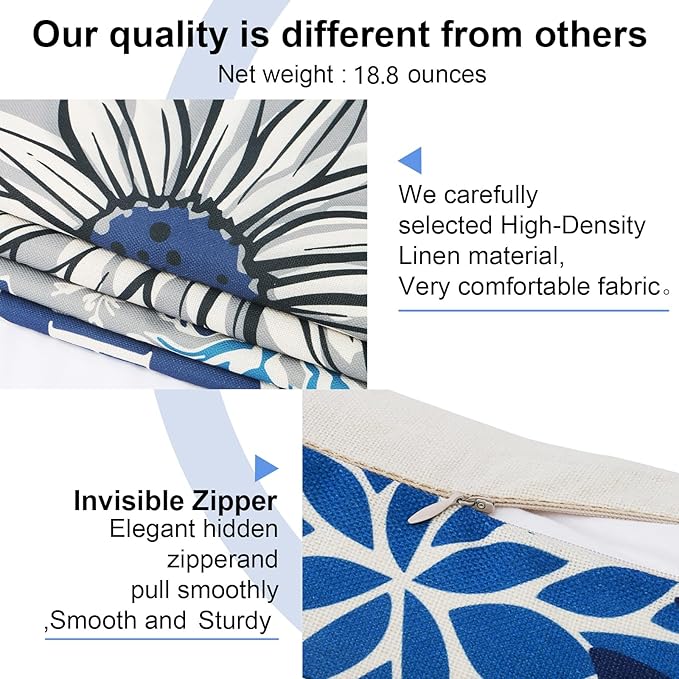 Decorative Throw Pillow Covers 20x20 Inch Pillow Covers Set of 4 Blue Pillow Cover Linen Square Pillow case,Farmhouse Throw Pillow Cover Outdoor Pillow Covers for Couch Sofa Living Room